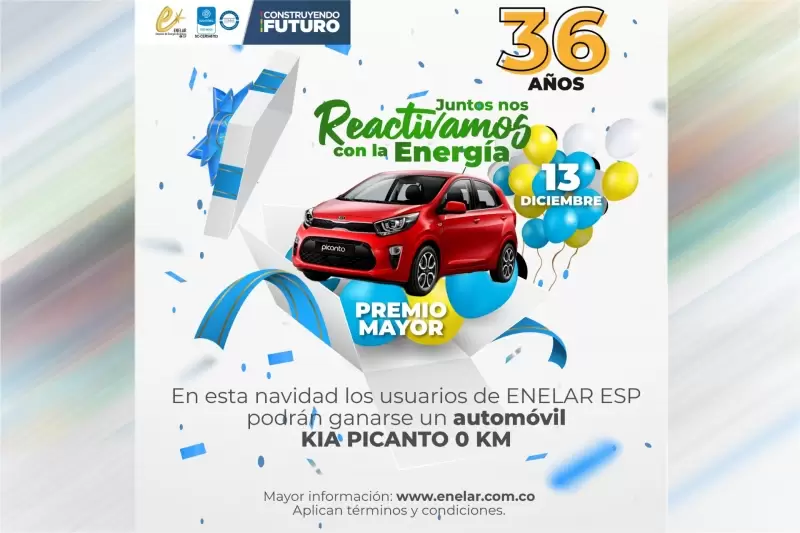 Celebre con la empresa conectándose a la fan page de ENELAR ESP a partir de las 5:00 pm donde se transmitirán los sorteos del mes y del premio mayor un automóvil 0 km.